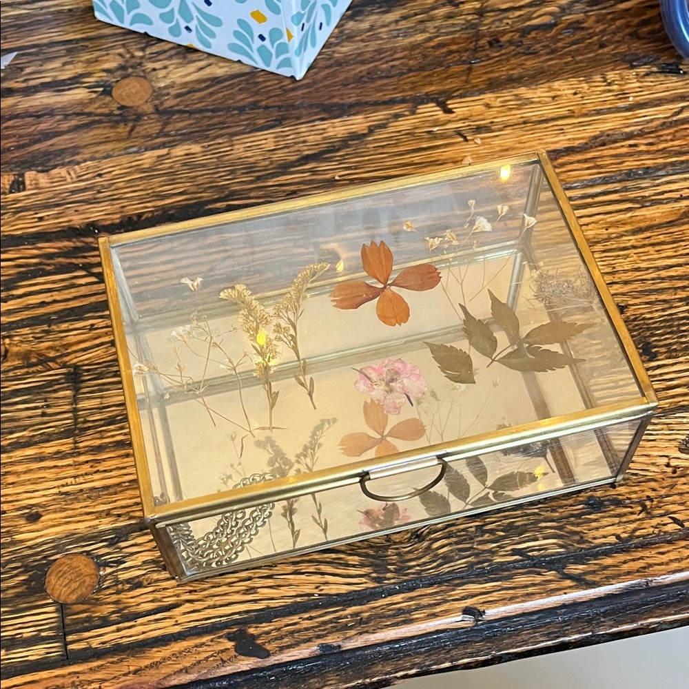 Glass Display Jewelry Box with Gold Frame and Pressed Flowers